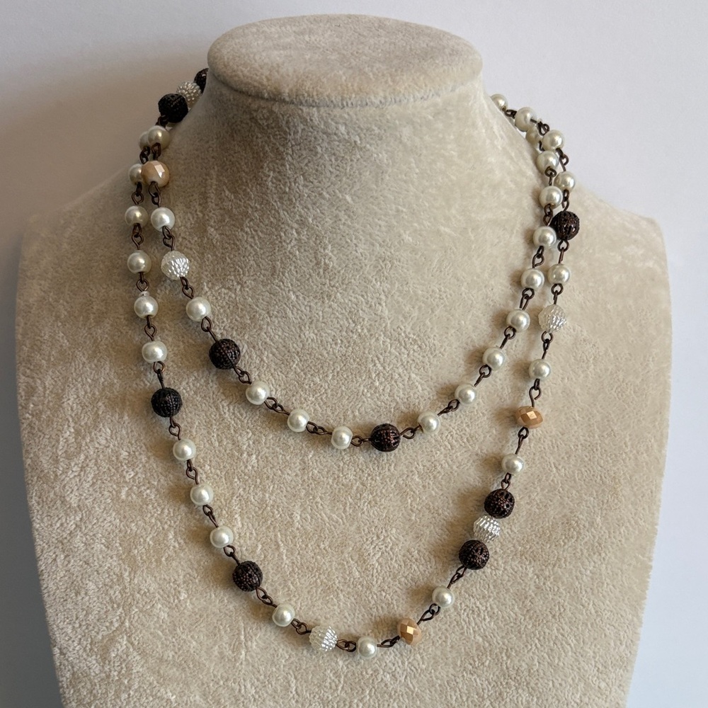 Ivory Faux Pearl & Bronze Brown Metal Bead Necklace Long 32” Layered Neutral